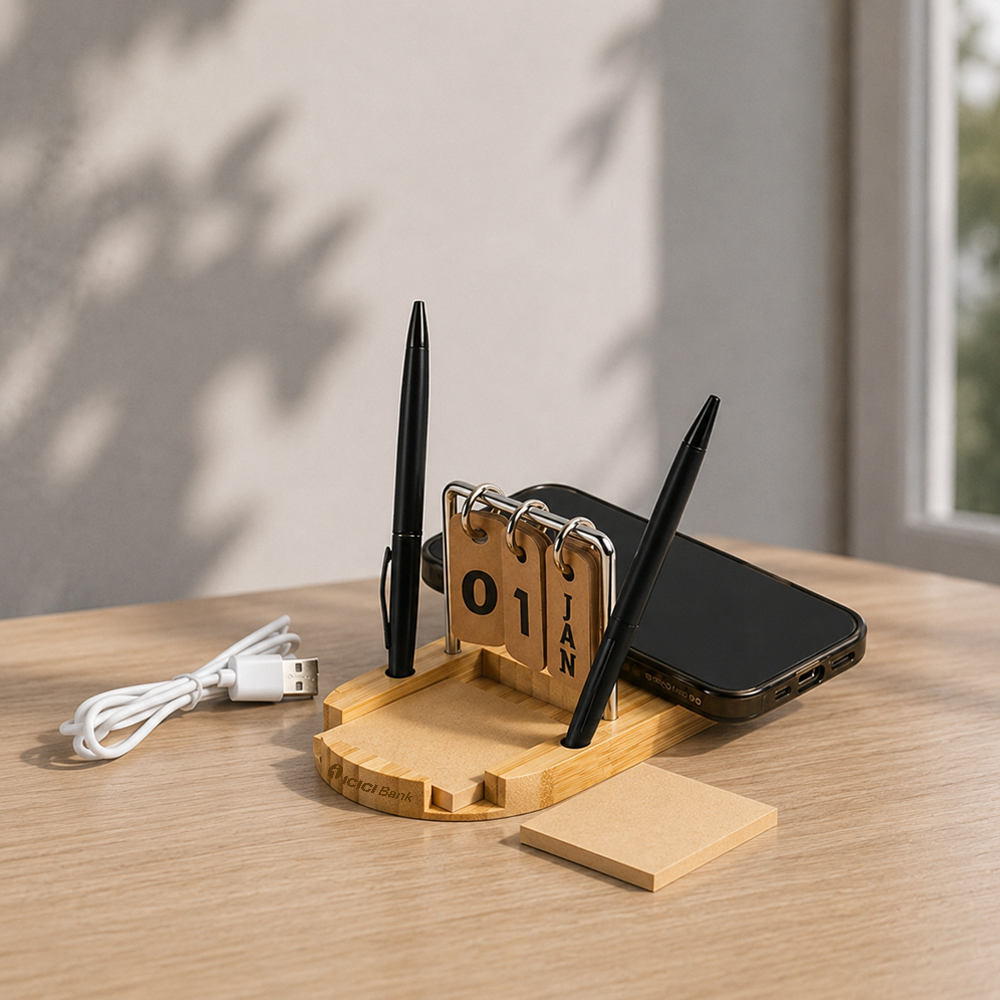 Bamboo Desk Charger with logo