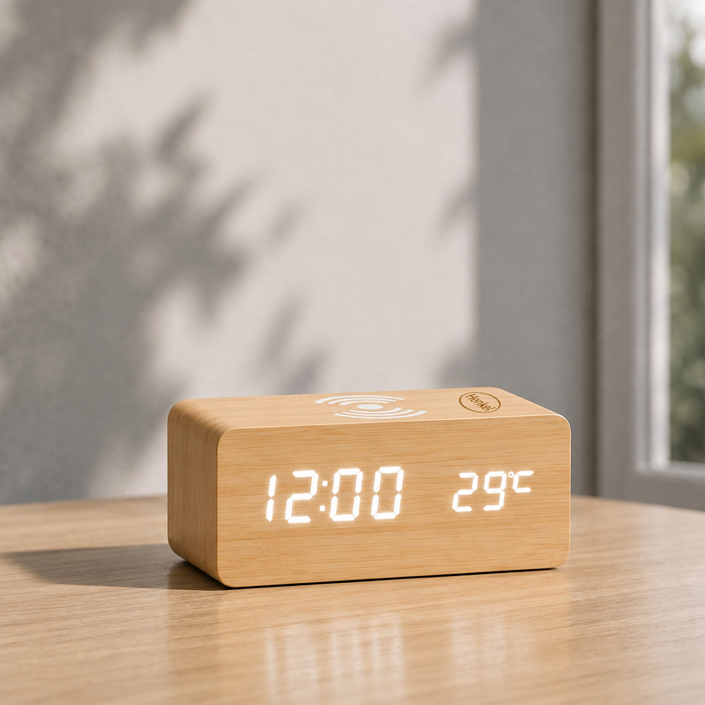 Bamboo Wireless Alarm Clock with logo