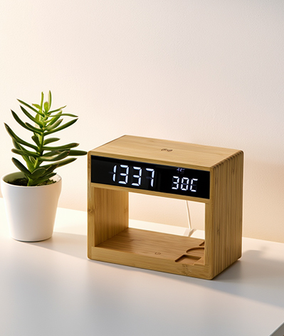 Bamboo Digital Clock with Wireless Charger