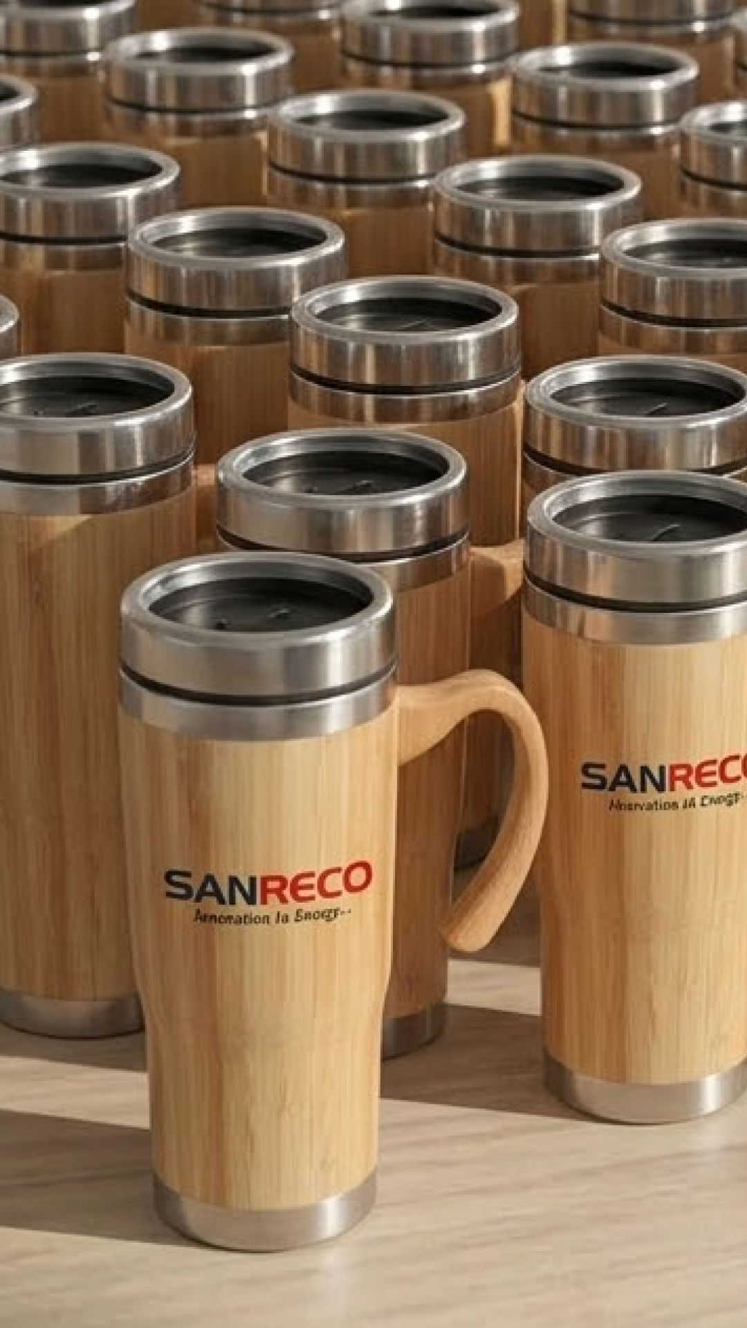 Sanreco bamboo-finish travel mugs