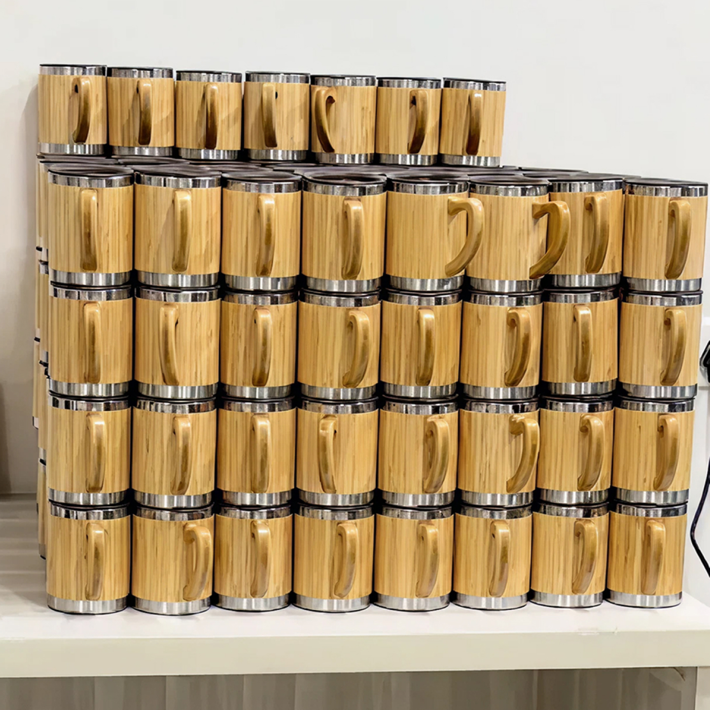 Bamboo-finish steel mugs