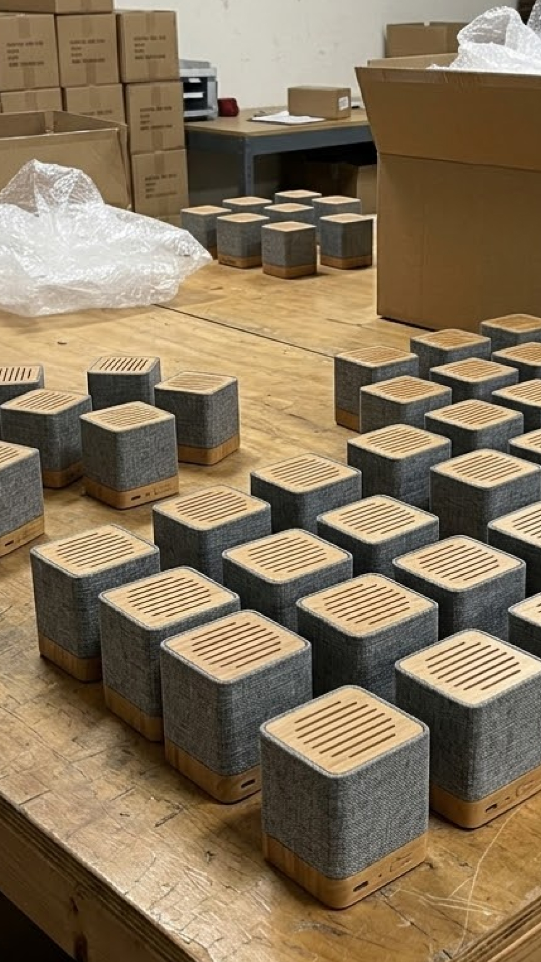 Wooden Bluetooth speakers on table