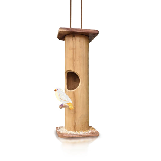 Handcrafted beige bamboo bird house with 20x7cm dimensions