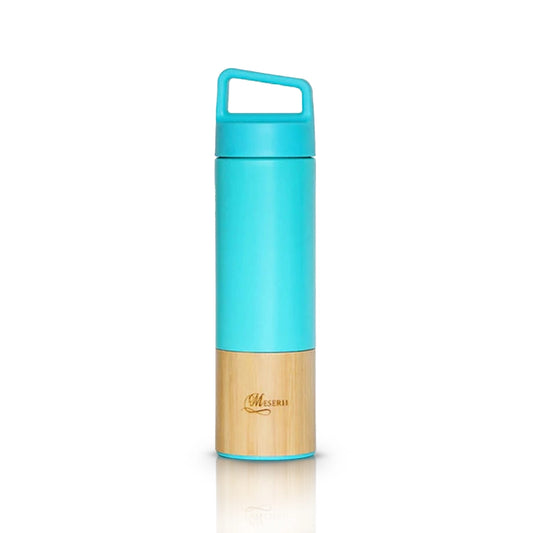 Eco-friendly 500ml blue bamboo flask, stainless steel interior, keeps drinks hot 12h/cold 24h