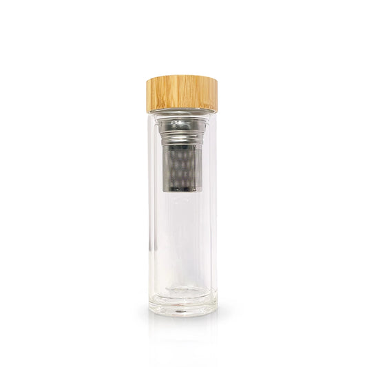 Beige 450ml bamboo & glass bottle, eco-friendly, hot 12h/cold 24h