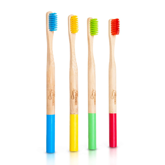 Eco-friendly bamboo toothbrush set of 4 with stainless steel accents
