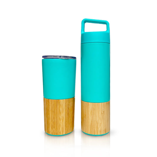 Blue bamboo-stainless steel 500ml bottle & 450ml tumbler, hot 12h, cold 24h