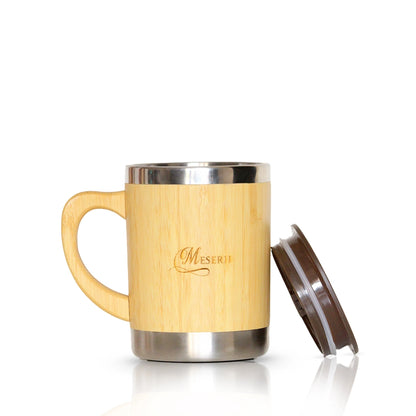 Beige bamboo coffee cup with stainless interior, 11x8cm