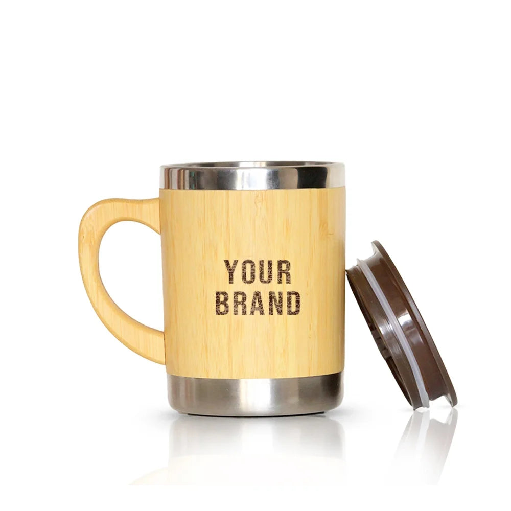 Beige bamboo corporate mug with stainless interior, 11x8cm