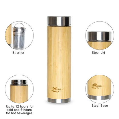 Meserii's Bamboo Stainless Steel Bottle/Vaccum Insulated Bamboo Bottle (500ml) 