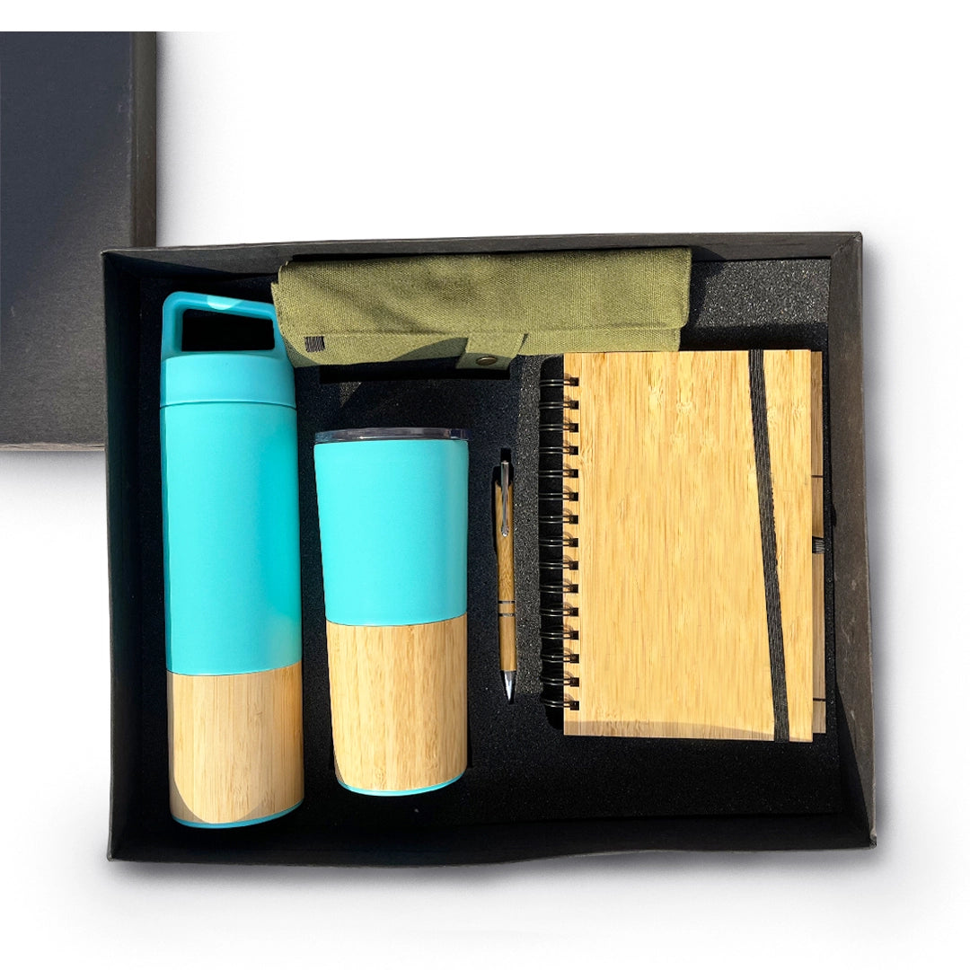 Black bamboo corporate hamper with stainless steel essentials for the office