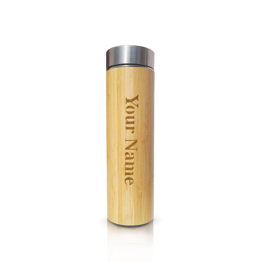 Custom engraved beige bamboo bottle, 500ml, stainless steel interior, keeps drinks hot or cold