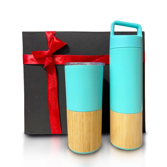 Eco-friendly corporate gift set with bamboo bottle and tumbler in a black box