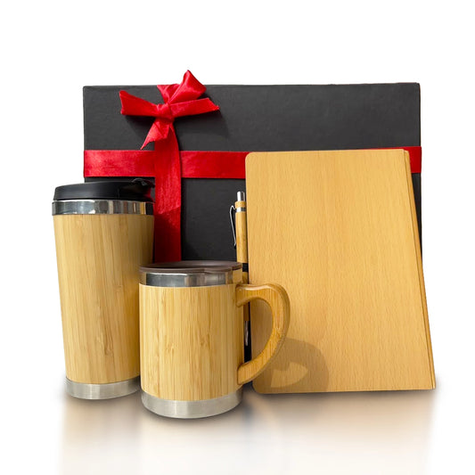 Eco-friendly bamboo and stainless steel gift set including a bottle, mug, diary, and pen