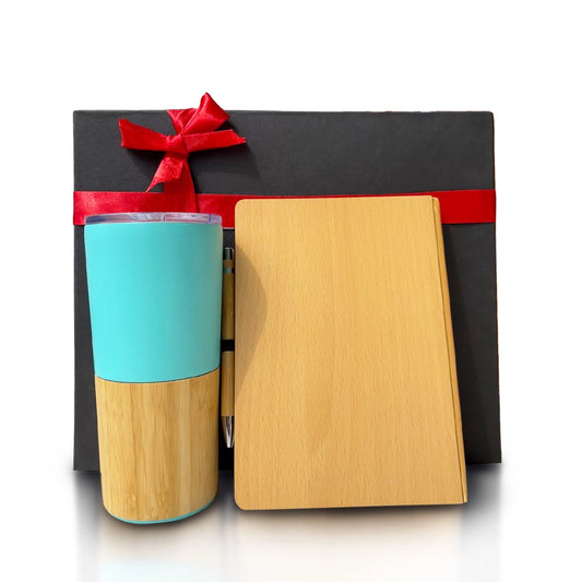 Eco bamboo tumbler, diary & pen set in black box
